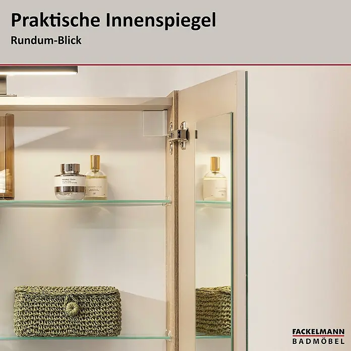 Fackelmann Compact Line Spiegelschrank - B x H: 70 cm x 68 mm, Sonoma Eiche - Praktische Innenspiegel für den Badezimmerschrank sorgen für einen Rundum-Blick und erleichtern die tägliche Routine im Bad.