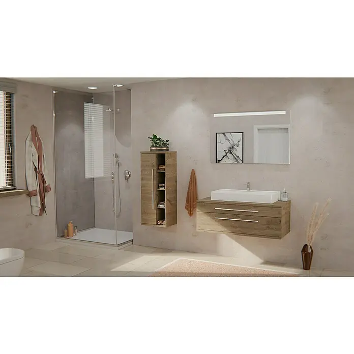 Fackelmann Aufsatzwaschbecken VAIDA - B x L: 81 x 41 cm, Keramik, Hahnloch: Mitte, Mit Überlauf, Weiß - Badezimmer mit Waschtischunterschrank, Spiegelschrank mit Licht, Duschkabine und Hochschrank in Holzoptik für ein modernes Ambiente.