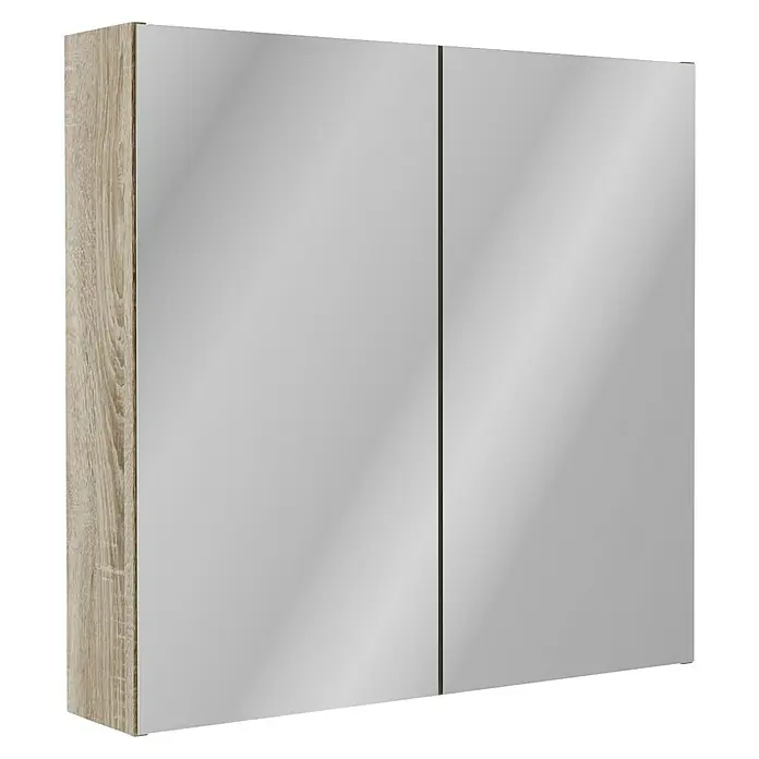 Fackelmann Compact Line Spiegelschrank - B x H: 70 cm x 68 mm, Sonoma Eiche - Nahaufnahme eines Spiegelschranks mit Holzrahmen. Elegantes Design, ideal für Badezimmer.