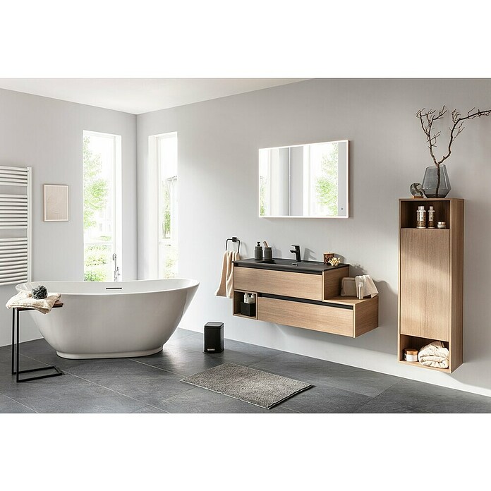Fackelmann Vita Waschbeckenunterschrank (B x T x H: 128,5 x 46 x 50 cm, Summer Oak/Schwarz, Offenes Fach links) | BAUHAUS