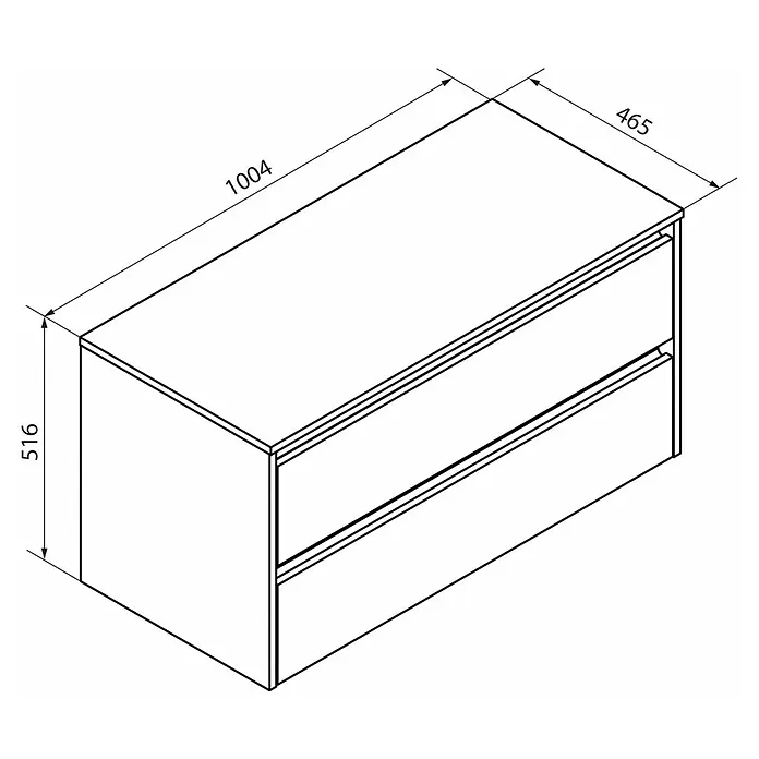 Fackelmann Vita Waschtischunterschrank - B x T x H: 100,4 x 46,5 x 51,6 cm, Summer Oak/Schwarz - Schwarze Zeichnung eines Waschtischunterschranks mit zwei Schubladen und Maßangaben.