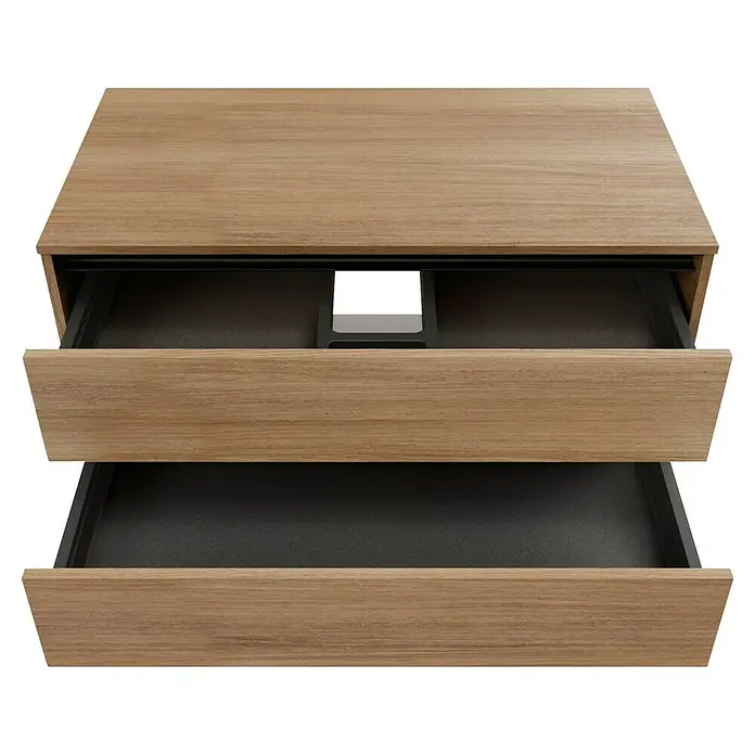 Fackelmann Vita Waschtischunterschrank - B x T x H: 100,4 x 46,5 x 51,6 cm, Summer Oak/Schwarz - Nahaufnahme eines offenen Holzschubladenelements mit zwei Auszügen. Die Schubladen sind leer und zeigen die graue Innenauskleidung.