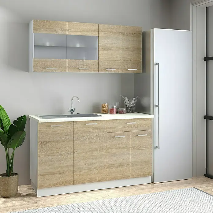 VCM Esilo Küchenleerblock - Breite: 140 cm, Sonoma-Eiche, Ohne Elektrogeräte - Küchenzeile mit Spüle, Unterschränken und Hängeschränken in Holzoptik. Die Küchenmöbel sind modern und funktional gestaltet.