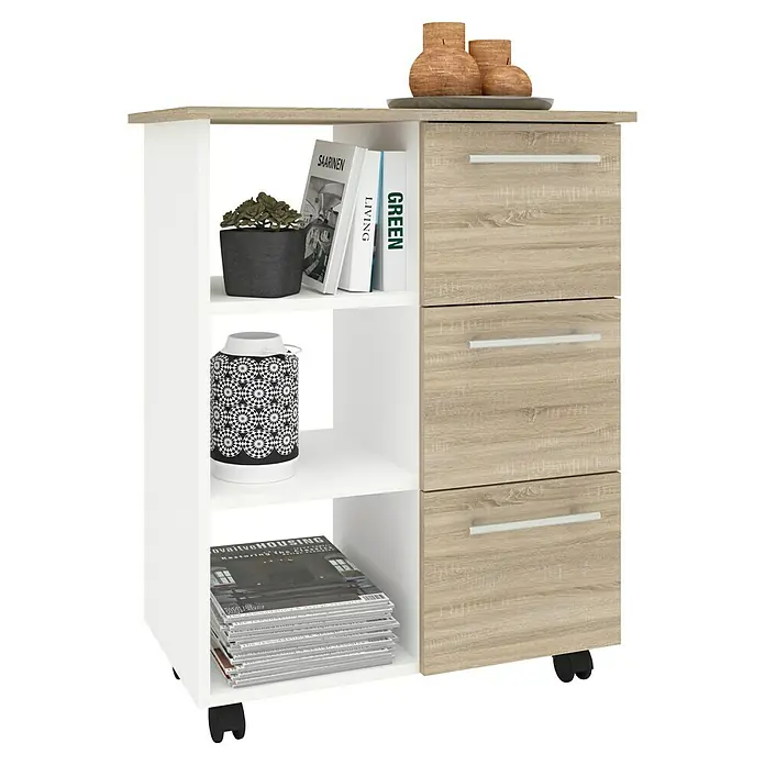 VCM Esilo Servierwagen - L x B x H: 38 x 68 x 85 cm, Sonoma-Eiche - Modernes Sideboard in Weiß und Holzoptik mit drei Schubladen und Regalen, ideal für Wohn- oder Esszimmer.