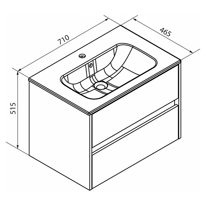 Fackelmann Compact Line Badmöbel-Set - Gesamtbreite Badmöbel: 71 cm, Lindberg-Eiche-Optik, Matt, Anzahl Schubladen: 2 Stk. - Perspektivische Darstellung eines Waschbeckens mit Unterschrank, der mit zwei Schubladen ausgestattet ist, inklusive Maße.