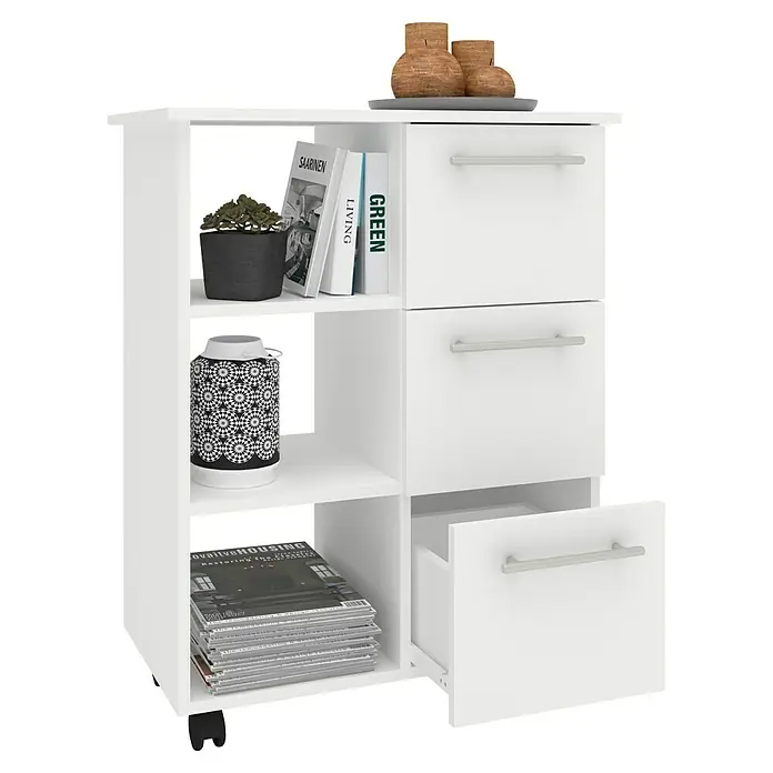 VCM Esilo Servierwagen - L x B x H: 38 x 68 x 85 cm, Weiß - Ein weißes Sideboard mit Schubladen und offenen Regalfächern, dekoriert mit Büchern und verschiedenen Dekoartikeln.