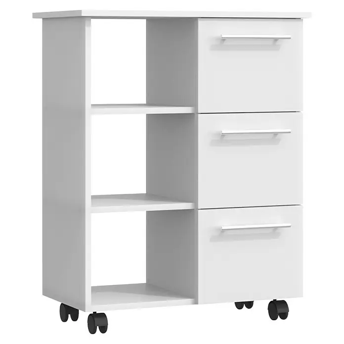 VCM Esilo Servierwagen - L x B x H: 38 x 68 x 85 cm, Weiß - Ein weißer Küchenwagen mit drei Schubladen und offenen Regalen für zusätzlichen Stauraum und Flexibilität.