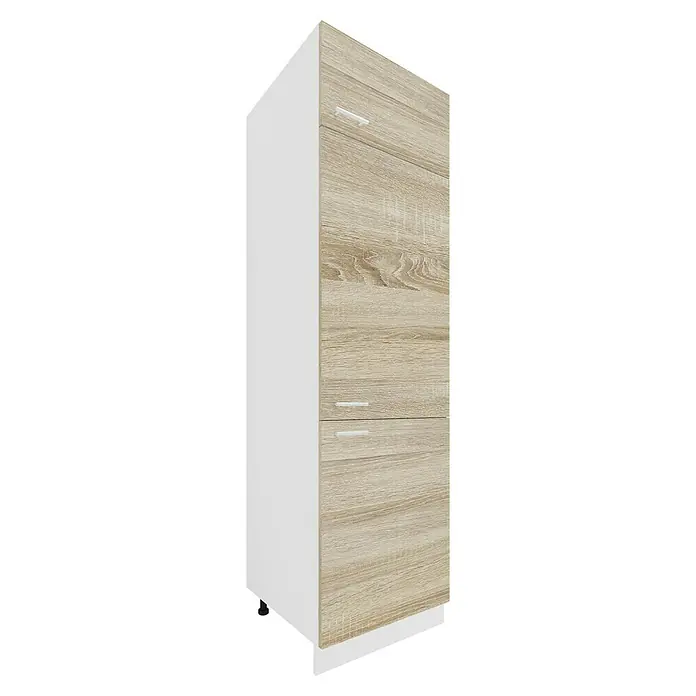 VCM Esilo Hochschrank - 57 x 60 x 207 cm, Sonoma-Eiche - Aufnahme eines Sideboards in heller Holzoptik mit weißer Seitenwand. Das Sideboard bietet Stauraum mit mehreren Schubladen und Griffen.