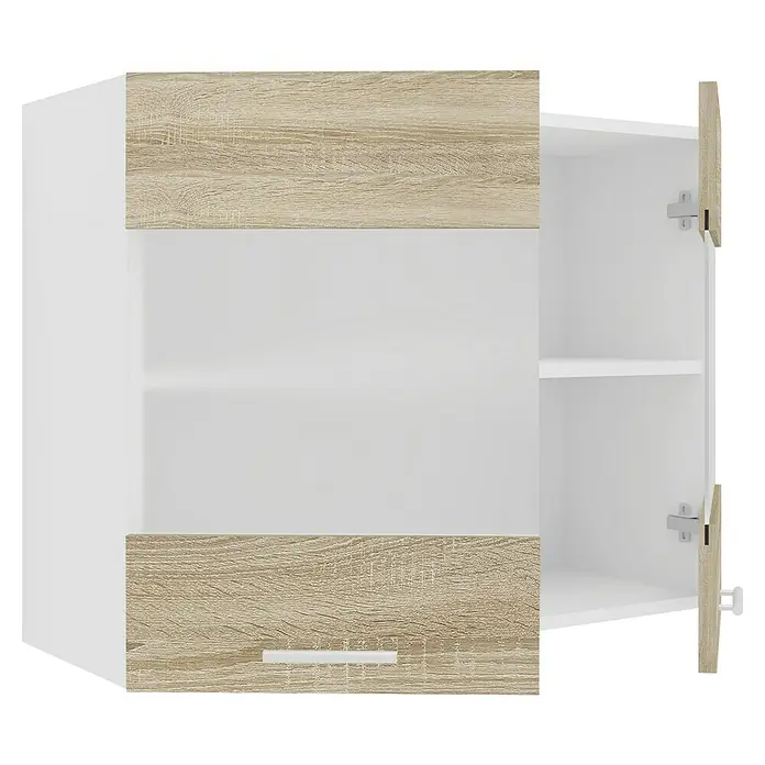 VCM Esilo Glas-Hängeschrank - 31 x 80 x 60 cm, Sonoma-Eiche - Abgebildeter Hängeschrank in Weiß/Eiche-Optik mit geöffneter Tür, der Stauraum und stilvolles Design vereint.