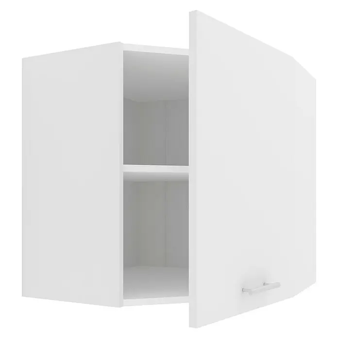VCM Esilo Küchen-Eck-Hängeschrank - 57 x 57 x 60 cm, Weiß - Ein weißer Hängeschrank mit einer offenen Tür, der zwei Regalfächer zeigt, ideal zur Wandmontage und platzsparend.