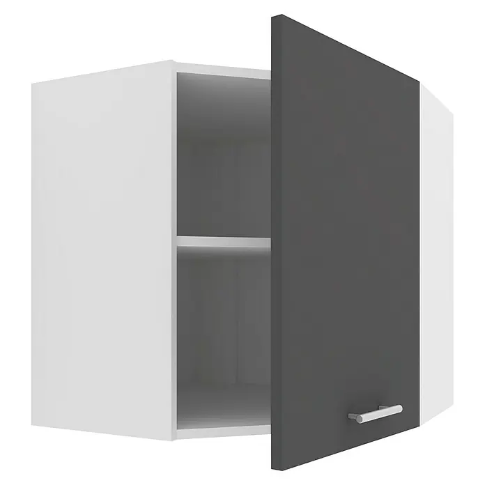 VCM Esilo Küchen-Eck-Hängeschrank - 57 x 57 x 60 cm, Anthrazit - Offener, weißer Wandschrank mit einer grauen Tür und einem silberfarbenen Griff, der modernen Stauraum verspricht.