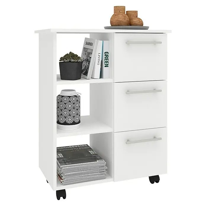 VCM Esilo Servierwagen - L x B x H: 38 x 68 x 85 cm, Weiß - Weißes Regal mit drei Schubladen, gefüllt mit Büchern, einer Pflanze und Dekorationen. Ideal für zusätzlichen Stauraum in jedem Raum.