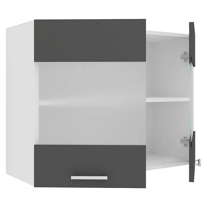 VCM Esilo Glas-Hängeschrank - 31 x 80 x 60 cm, Anthrazit - Ein moderner Hängeschrank in Weiß und Grau mit einer offenen Tür, die Einblick in das Innere mit einem Regal bietet.