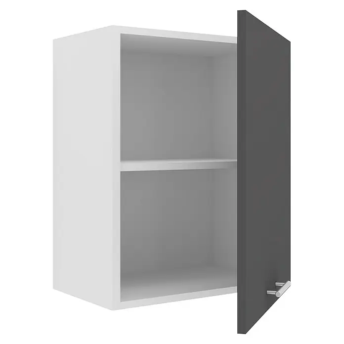 VCM Esilo Hängeschrank - 31 x 50 x 60 cm, Anthrazit - Bild eines weißen Küchenschranks mit offener, grauer Tür und einem Regalboden im Inneren, ideal für die Aufbewahrung von Küchenutensilien.