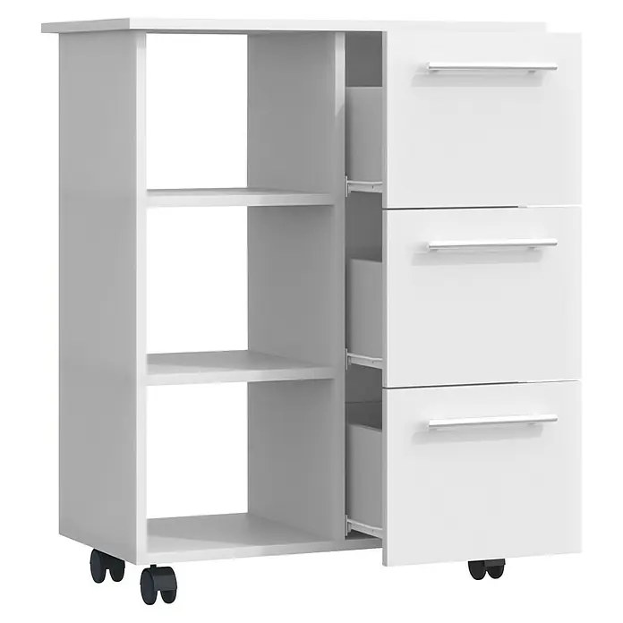 VCM Esilo Servierwagen - L x B x H: 38 x 68 x 85 cm, Weiß - Ein weißer Küchenwagen mit Schubladen und Regalen bietet zusätzlichen Stauraum und Arbeitsfläche in der Küche.