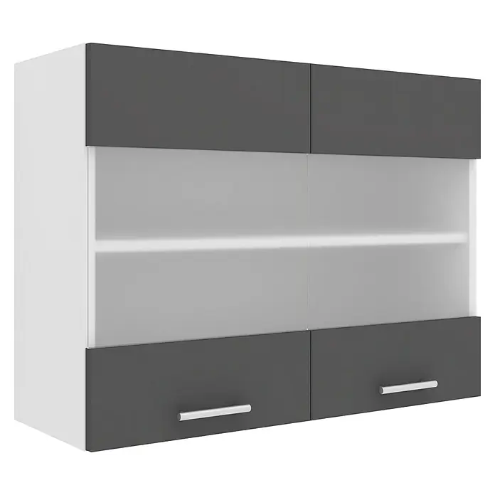 VCM Esilo Glas-Hängeschrank - 31 x 80 x 60 cm, Anthrazit - Grauer und weißer Hängeschrank mit vier Türen und silbernen Griffen für modernes und stilvolles Küchendesign.
