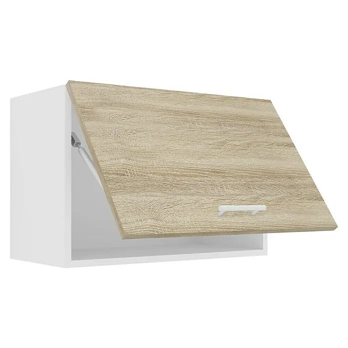 VCM Esilo Hängeschrank - 31 x 60 x 40 cm, Sonoma-Eiche - Ein weißer Hängeschrank mit einer nach oben öffnenden Holztür und einem Griff. Ideal für die Küche oder das Bad.