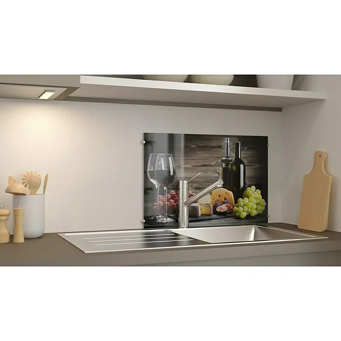 CUCINE Küchenrückwand - Bunch of Grapes, 60 x 40 cm, Stärke: 6 mm, Einscheibensicherheitsglas (ESG) - Die Küchenrückwand mit einem Motiv aus Wein, Käse und Trauben ist ein dekoratives Element. Die Spritzschutzwand ist aus Glas und leicht zu reinigen.