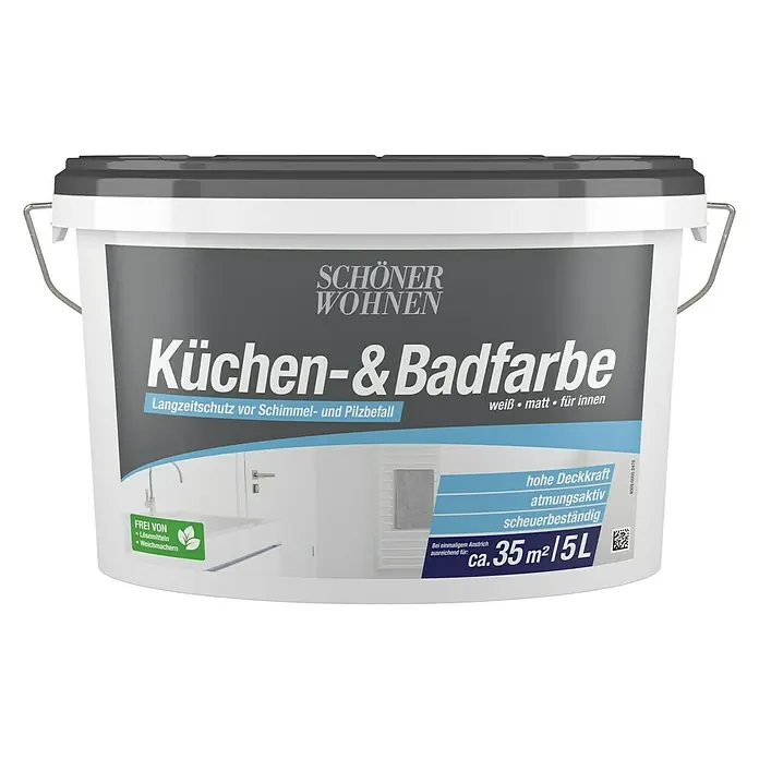 SCHÖNER WOHNEN-Farbe Bad- & Küchenfarbe - Weiß, 5 l, Matt - Farbeimer "Schöner Wohnen Küchen- & Badfarbe" in Weiß Matt für Innenräume, 5L, bietet Langzeitschutz vor Schimmel und Pilzbefall.