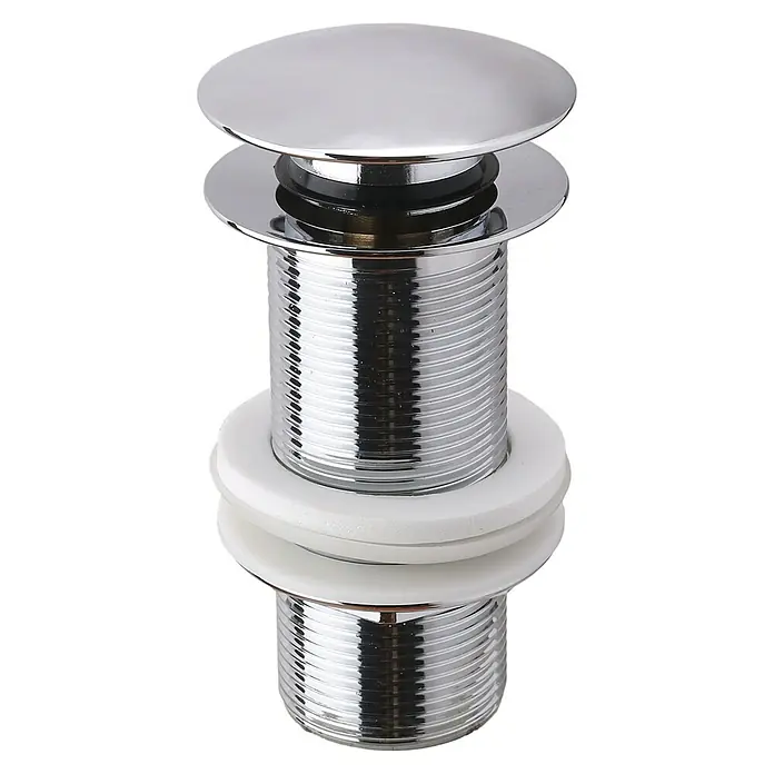 Ablaufventil - 1 ¼″, Chrom, Mit Druckknopf - Ein glänzender, verchromter Waschbeckenstöpsel mit weißem Dichtungsring, ideal für moderne Badezimmer.