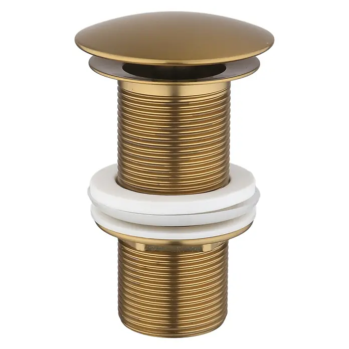 Ablaufventil - 1 ¼″, Gold matt, Permanent geöffnet - Nahaufnahme eines goldenen Waschbeckenstöpsels mit Gewinde und weißen Dichtungen auf schwarzem Hintergrund.