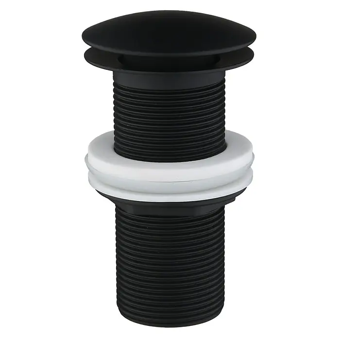 Ablaufventil - 1 ¼″, Schwarz matt, Mit Druckknopf - Ablaufgarnitur in Mattschwarz mit weißer Dichtung für Waschbecken und Spülen, ideal für moderne Badezimmerdesigns.