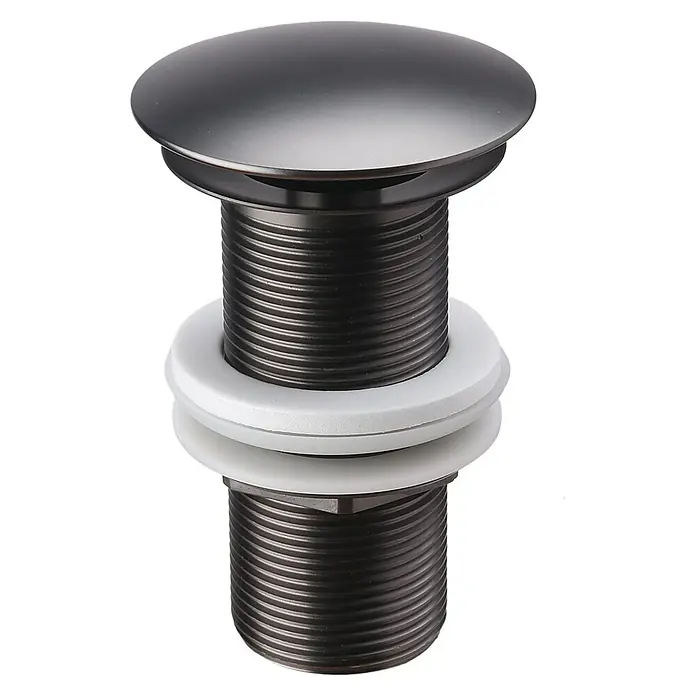 Ablaufventil - 1 ¼″, Metallic grau, Permanent geöffnet - Ein detailreiches Bild eines modernen, schwarzen Ablaufventils mit Gewinde und weißen Dichtungen, ideal für stilvolle Waschbecken.