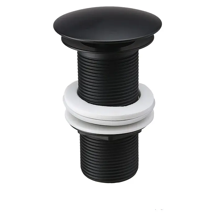 Ablaufventil - 1 ¼″, Schwarz matt, Permanent geöffnet - Schwarzer Ablaufstöpsel für Waschbecken, mit Gewinde und weißen Dichtungen, ideal für moderne Badezimmer.