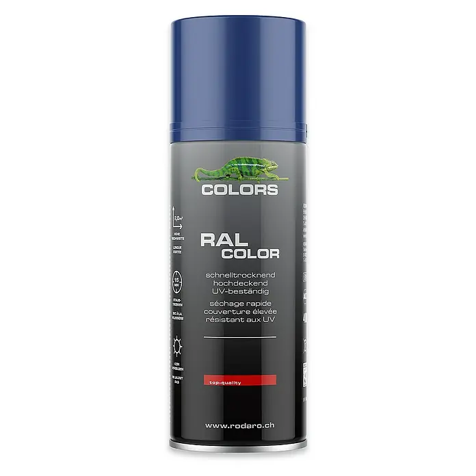 Colors Farbspray Sprühlack 400ml RAL5002 Marineblau Glanz - RAL5002 Marineblau Glanz, Sprühdose - Abbildung einer Spraydose der Marke Colors, RAL Color, schnelltrocknend, hochdeckend und UV-beständig mit Chamäleon-Abbildung.
