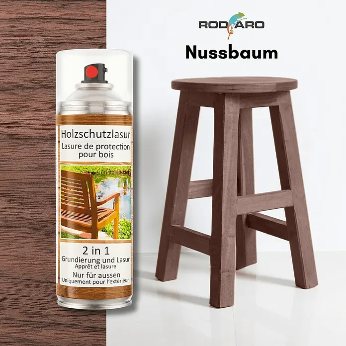 Colors Farbspray Holzschutzlasur Spraydose 400ml Nussbaum - Nussbaum, Sprühdose - Das Bild zeigt eine Dose Holzschutzlasur in Nussbaum-Farbe neben einem passenden Holzschemel. Ideal für den Schutz und die Veredelung von Holzoberflächen.