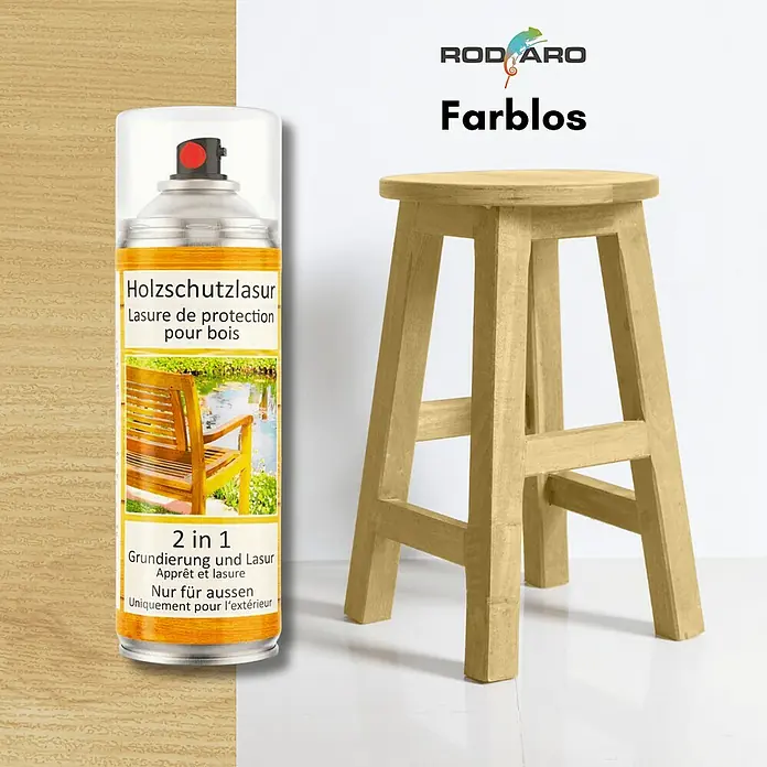 Colors Farbspray Holzschutzlasur Spraydose 400ml Farblos - Farblos, Sprühdose - Das Bild zeigt eine Dose Holzschutzlasur neben einem damit behandelten Holzschemel. Die Lasur schützt und verschönert Holzoberflächen im Außenbereich.