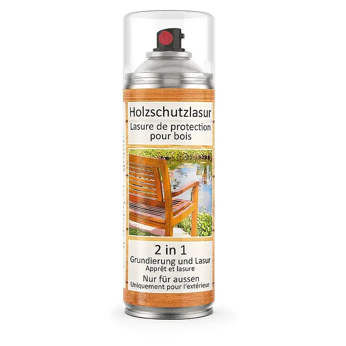 Colors Farbspray Holzschutzlasur Spraydose 400ml Farblos - Farblos, Sprühdose - Holzschutzlasur Spraydose für den Außenbereich mit Abbildung eines Gartenstuhls.