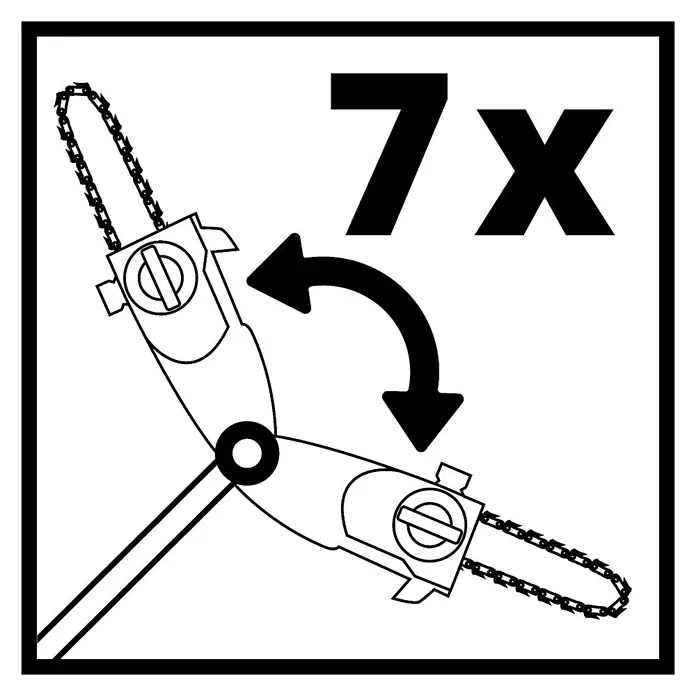 Einhell Power X-Change 18V Hochentaster-Aufsatz GE-HH 18/45 Li T-Solo - Schwertlänge: 20 cm - Schwarz-weißes Piktogramm mit einer Mini-Kettensäge, die sich um eine Achse dreht, daneben der Text "7X" in fetter Schrift.