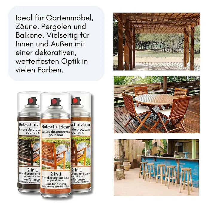 Colors Farbspray Holzschutzlasur Spraydose 400ml Farblos - Farblos, Sprühdose - Bild einer Holzschutzlasur in verschiedenen Farben für Gartenmöbel, Zäune, Pergolen und Balkone.