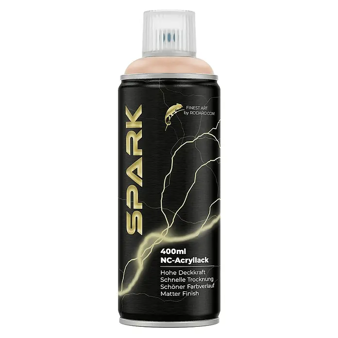Spark Farbspray Sprühfarbe 400ml Matte Farbe Macadamia Beige - Macadamia Beige, Sprühdose - Dose SPARK NC-Acryllack mit goldenem Schriftzug und Blitzdesign, ideal für künstlerische Projekte mit matter Oberfläche und schneller Trocknung.