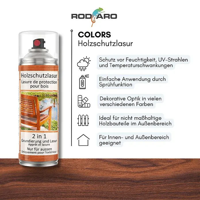 Colors Farbspray Holzschutzlasur Spraydose 400ml Teak - Teak, Sprühdose - Abbildung einer ROD ARO Holzschutzlasur Sprühdose, ideal für den Schutz und die Veredelung von Holzoberflächen im Innen- und Außenbereich.