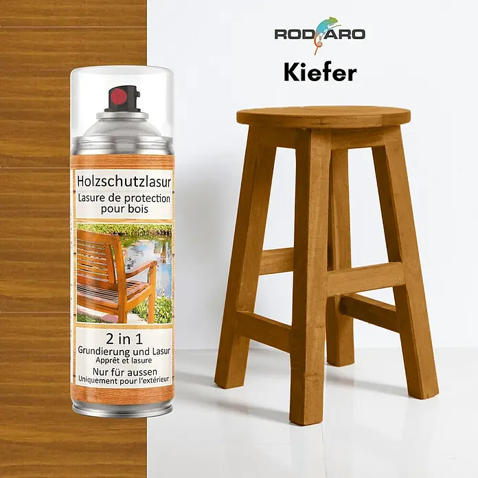 Colors Farbspray Holzschutzlasur Spraydose 400ml Kiefer - Kiefer, Sprühdose - Produktbild von ROD ARO Holzschutzlasur Kiefer 2 in 1 für Aussen, ideal für Holzschutz und Grundierung, hier in Kombination mit einem Holzstuhl.