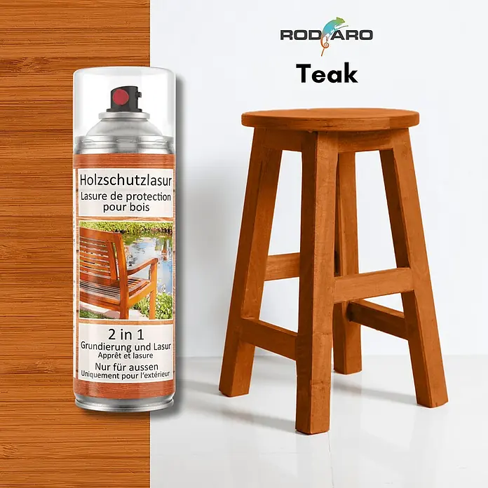 Colors Farbspray Holzschutzlasur Spraydose 400ml Teak - Teak, Sprühdose - Dose Holzschutzlasur Teak 2 in 1 von Rodaro, Grundierung und Lasur für den Außenbereich. Für einen perfekten Schutz und eine schöne Optik.