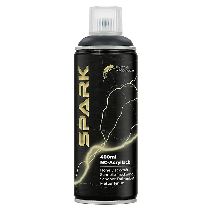 Spark Farbspray Sprühfarbe 400ml Matte Farbe Anthrazitgrau - Anthrazitgrau, Sprühdose - Detailansicht einer schwarzen "Spark NC-Acryllack" Sprühdose (400ml) mit goldenen Akzenten und matter Oberfläche, ideal für Künstler.