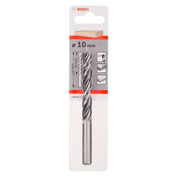 Bosch Broca para madera en espiral - 1 ud., Diámetro de la broca: 10 mm - La imagen muestra una broca para madera Bosch con un diámetro de 10 mm en su embalaje. La broca tiene un diseño en espiral y está pensada para carpintería.