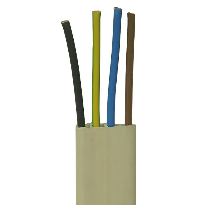 Eurobric 2000 Cable plano a metros - 1,5 mm², Número de cables: 4 - Primer plano de un cable eléctrico blanco de cuatro conductores con hilos negros, amarillo-verde, azules y marrones expuestos.