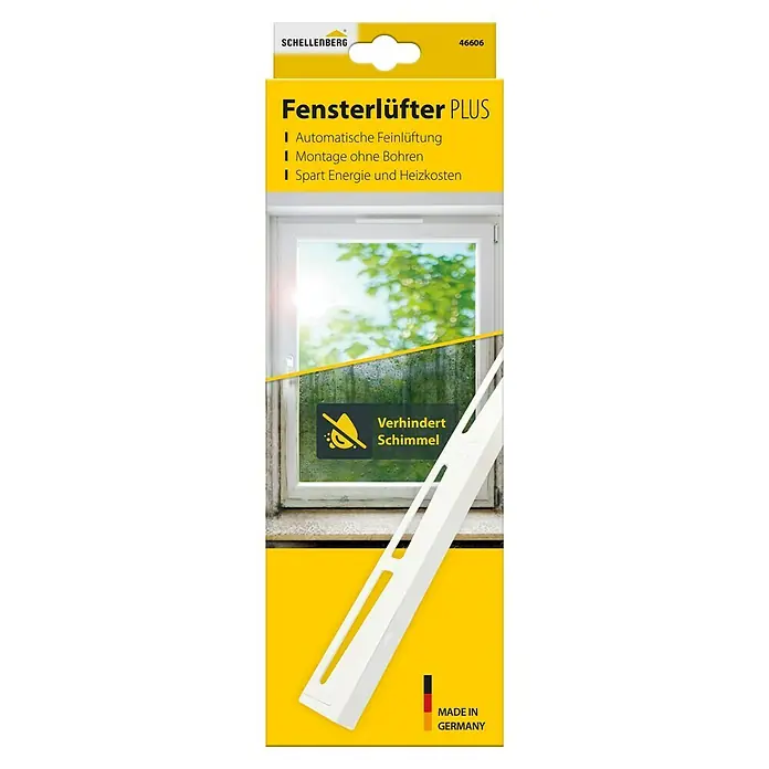Schellenberg Fensterlüfter Plus Einzelpack - Weiß, 1 Stk. - Abbildung einer Schellenberg Fensterlüfter PLUS-Verpackung. Es fördert automatische Belüftung, einfache Installation und Energieeinsparungen.