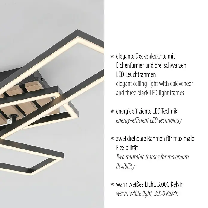 Just Light LED-Deckenleuchte Akustika - Schwarz, 20 W, IP20 - Elegante Deckenleuchte mit Eichenfurnier und drei schwarzen LED-Rahmen für stilvolle Beleuchtung.