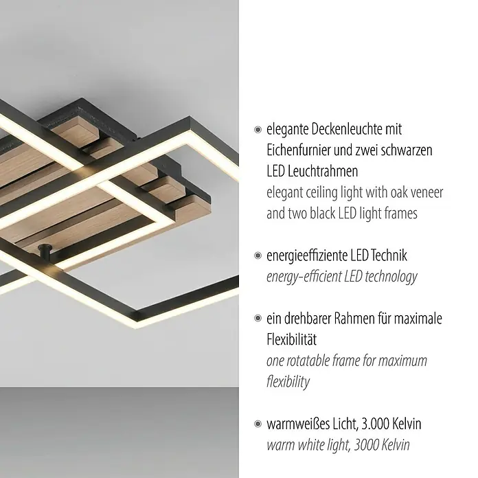 Just Light LED-Deckenleuchte Akustika - Schwarz, 15 W, IP20 - Elegante Deckenleuchte mit Eichenfurnier und zwei schwarzen LED Leuchtrahmen für energieeffiziente Beleuchtung im Raum.