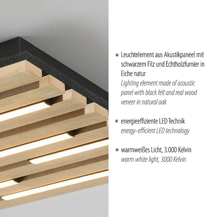 Just Light LED-Deckenleuchte Akustik - Schwarz, 10 W, IP20 - Nahaufnahme einer akustischen LED-Deckenleuchte mit Holzlamellen und schwarzem Filz für eine angenehme Raumakustik.