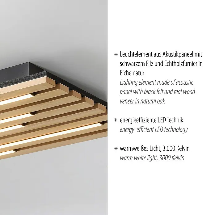 Just Light LED-Deckenleuchte Akustik - Schwarz, 25 W, IP20 - Akustikpaneel-Leuchte mit schwarzem Filz und Echtholzfurnier in Eiche natur. Energieeffiziente LED-Technik für warmweißes Licht.