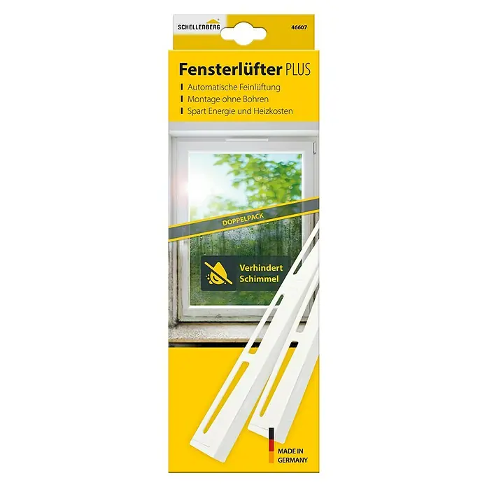 Schellenberg Fensterlüfter Plus Doppelpack - Weiß, 2 Stk. - Produktverpackung des Schellenberg Fensterlüfter PLUS Doppelpack, zur automatischen Fensterbelüftung ohne Bohren, zur Vermeidung von Schimmel.