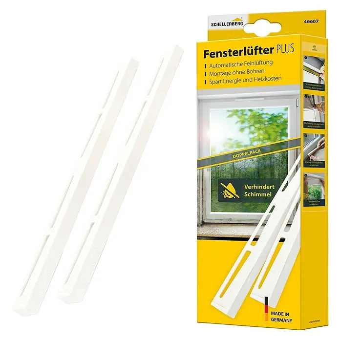 Schellenberg Fensterlüfter Plus Doppelpack - Weiß, 2 Stk. - Abbildung eines Schellenberg Fensterlüfter PLUS Doppelpack, zur automatischen Fensterlüftung und zur Vermeidung von Schimmelbildung.
