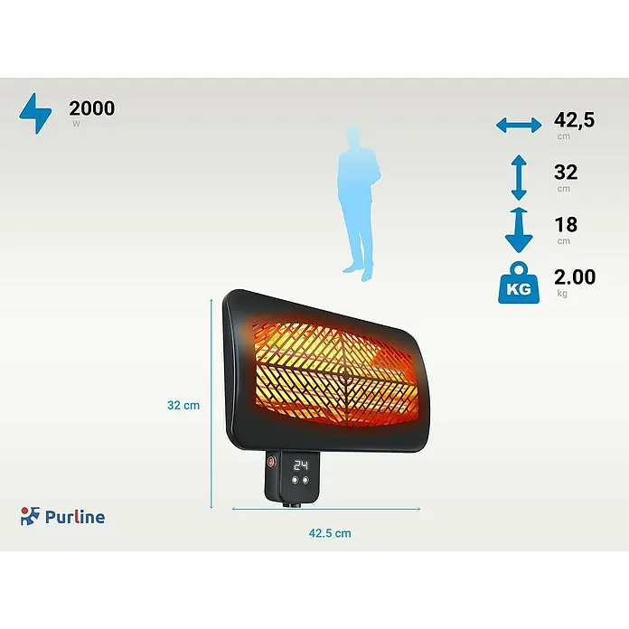 Purline Estufa de exterior Heaty Gleam Wall - Altura: 32 cm - Imagen de un calefactor Purline con dimensiones de 42,5 x 32 x 18 cm y un peso de 2,00 kg, con una potencia de 2000 W.