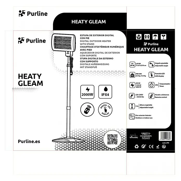 Purline Estufa de exterior Heaty Gleam - Altura: 210 cm - Imagen de un calefactor digital de exterior de Purline con soporte, modelo HEAY GLEAM, con datos técnicos y características del producto.